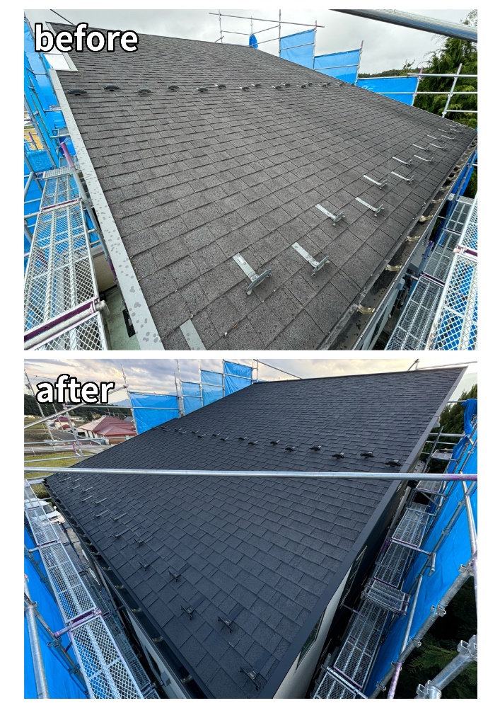 工程2-3 屋根フッ素塗装完了・艶消し黒の仕上がり